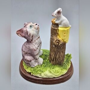 Vintage Cute Resin Cat and Mouse Figurine on Wooden Base
